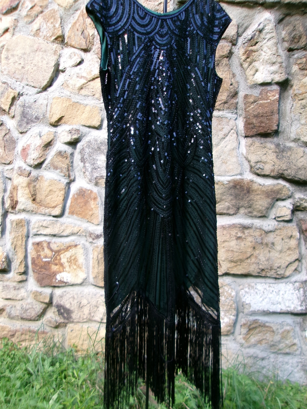MTITE Green With Black Sequined Fringe Flapper Dress